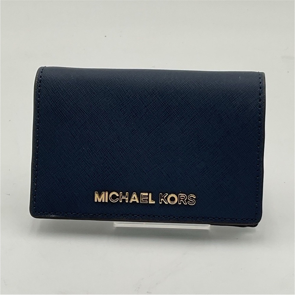 Michael Kors Navy Bifold Wallet w/ Zip Coin Pocket, ID Window & Logo Accents